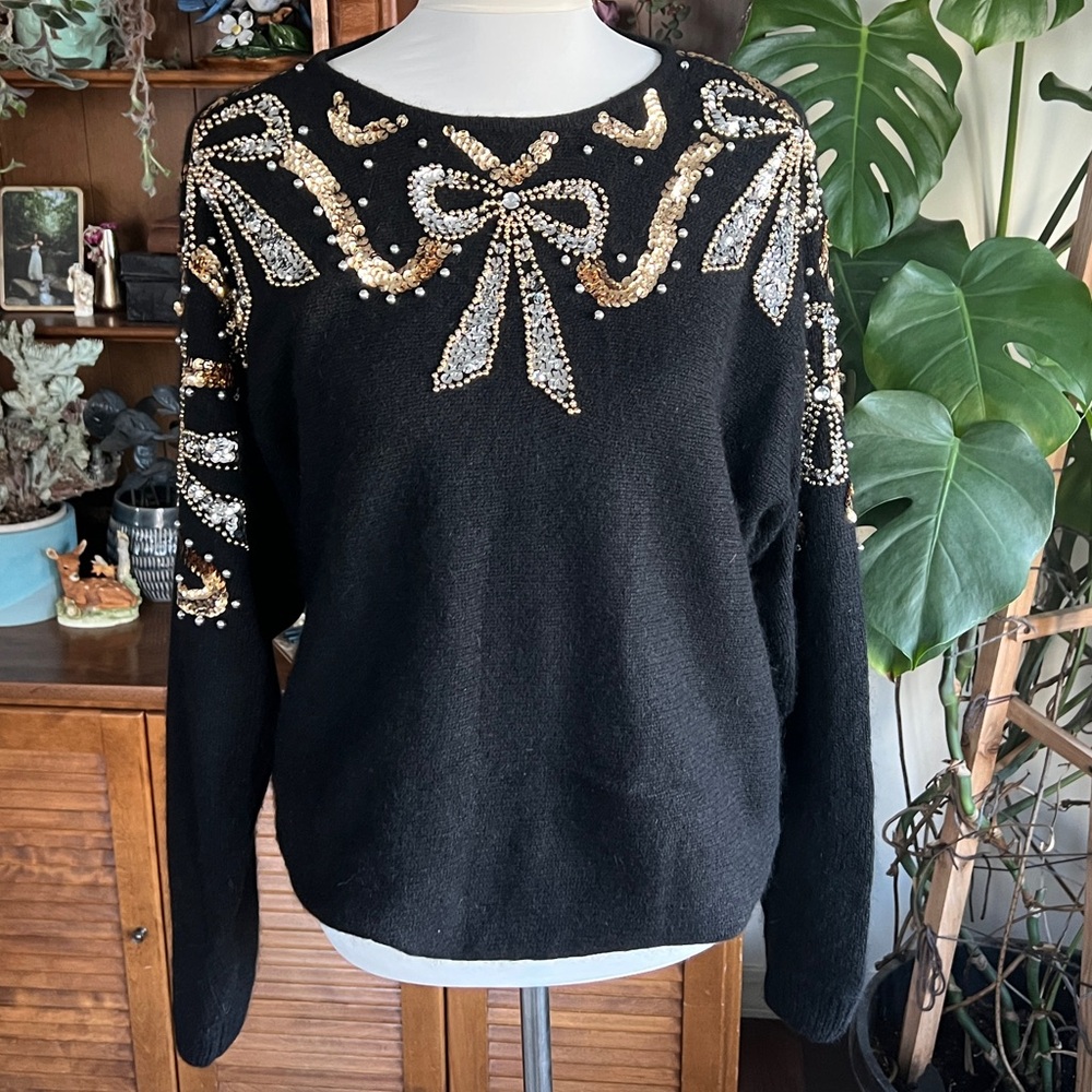 Vintage Black Sweater w/ Gold & Silver Bow Beading & Sequins Embellishments M/L